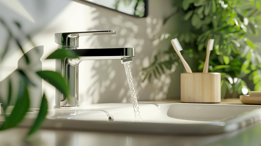 Serene bathroom with sink with running water